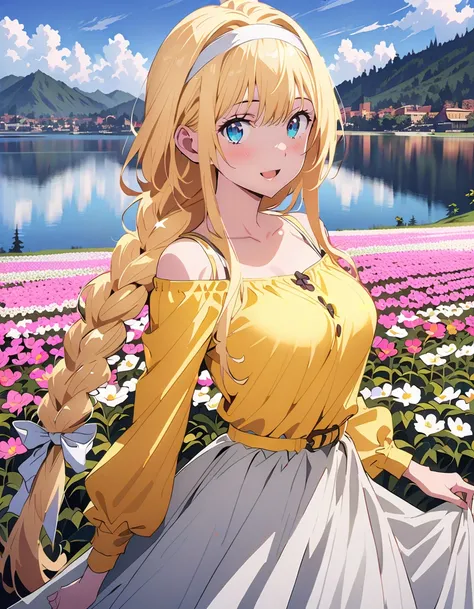 Alicesburg,  Alice Sberg , bangs,  blue eyes,   blond hair,  smile,blush, open your mouth, hair between eyes, Very long braids,  single braided , headband, white  headband,yellow off-the-shoulder dress,Medium breast, white long skirt, cute heeled sandals ,...