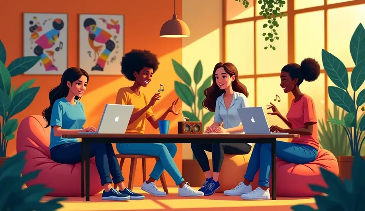 An anime-style scene of several people working in a vibrant and energetic environment while listening to afrobeat. The setting is a modern, colorful workspace, with walls decorated with African art, tropical plants, and warm lighting that creates a cozy at...