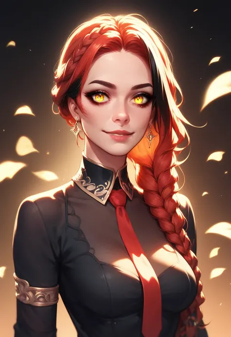  A young, charismatic woman with long red hair ,  mesmerizing yellow eyes and a subtle smile ,  wearing an elegant black suit with tie .  She is in a confident pose , with a dark and atmospheric background ,  suggesting a mysterious and authoritarian prese...