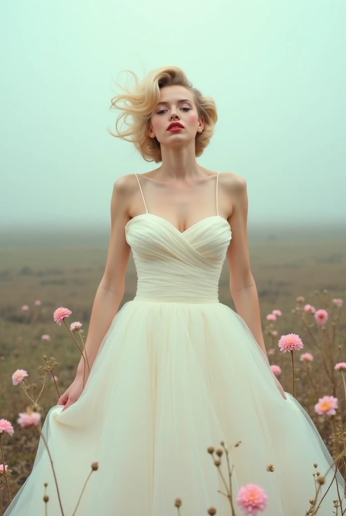 Pastel Tint — A photo of a model in white posing like marilyn monroe with details like rose lipstick and a wind machine blowing her dress. Very small contrasting items in soft pastel tones. Overcast sky. Portra 400. Realistic, dull, and muted background.

