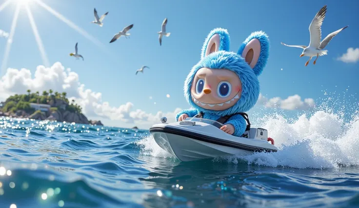 "Labubu with blue Benhur fur is riding a powerful motorboat across the shimmering ocean, gripping the handlebars with excitement. The boat speeds through the waves, creating splashes of water that glisten under the bright sun.

Labubu’s wide smile shows pu...