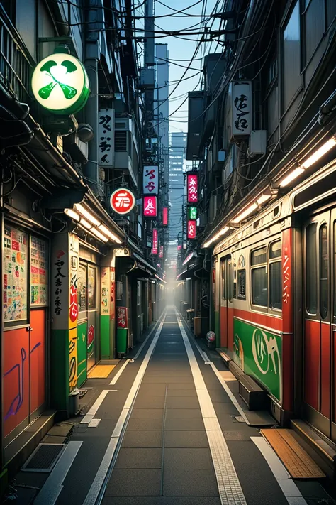 Typical Tokyo alley with clubs and a subway line passing at the end