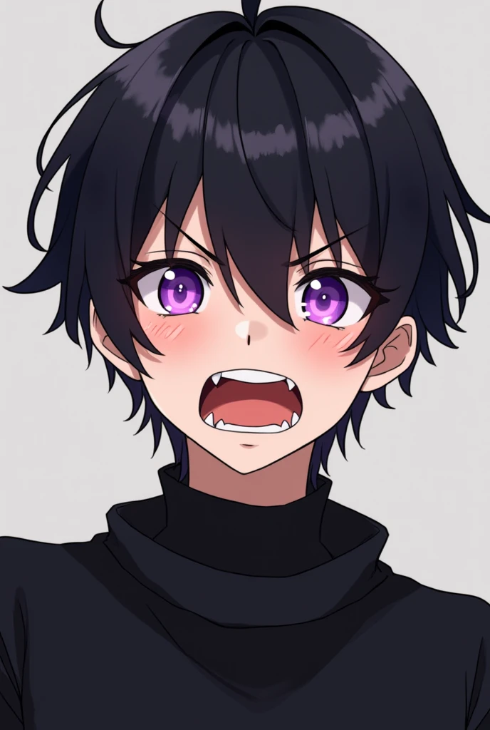 Anime male character cartoon 
Cute black hair purple eyes black clothes 
Half of the body expression of extreme fear