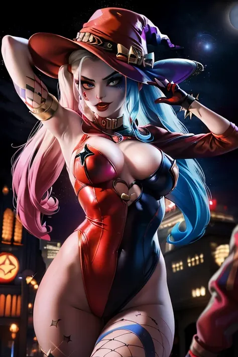 ( masterpiece,  the best quality ,  ultra high resolution , splendid),1 girl, Harley Quinn witch hat,on the street, at night,  starry sky, halloween outfit, beautiful and detailed face ,  detailed eyes. Harley Quinn on Halloween