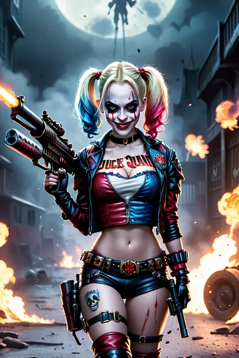 cinematic ligh，《Suicide Squad》，Harley Quinn, Clown Girl，Armed with a Gatling in hand，( Logo design_1.5)，Harley Quinn logo，Create a nuanced necromancer style