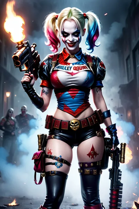 cinematic ligh，《Suicide Squad》，Harley Quinn, Clown Girl，Armed with a Gatling in hand，( Logo design_1.5)，Harley Quinn logo，Create a nuanced necromancer style