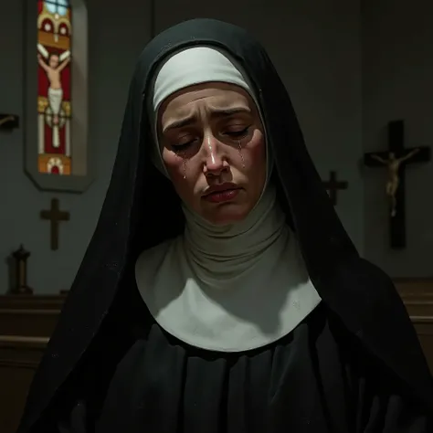 Create an image of Saint Rose of Lima dressed as a nun crying and sad
