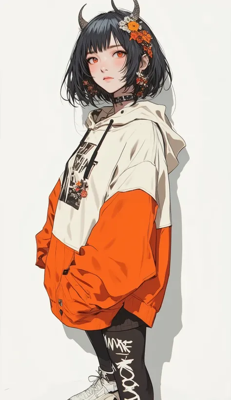 Fisheye Wide Angle  ,  Off-white and Orange Hoodie  , Fisheye Wide Angle  １ of Mori Gutterpunk women  , Glowing Angel Ring 、 bangs with lots of flowers 、 wearing leggings and trainers 、 with white lettering put your hands in your pocket 、The expression and...