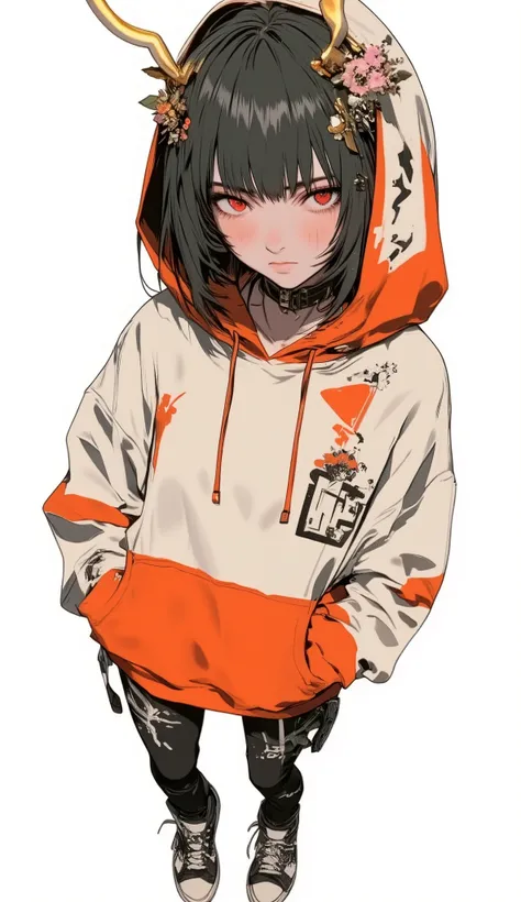 Fisheye Wide Angle  ,  off-white and orange hoodie  , Fisheye Wide Angle  １ of Mori Gutterpunk women  , Glowing Angel Ring 、 bangs with lots of flowers 、 wearing leggings and trainers 、 with white lettering put your hands in your pocket 、The expression and...