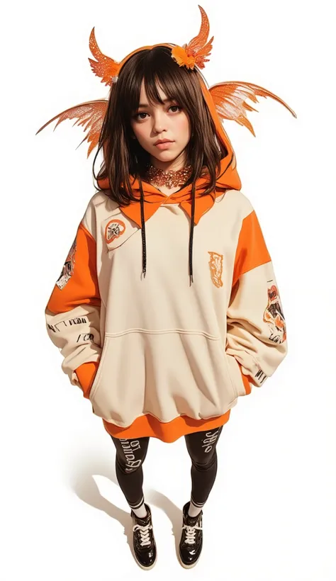 Fisheye Wide Angle  ,  Off-white and Orange Hoodie  , Fisheye Wide Angle  １ of Mori Gutterpunk women  , Glowing Angel Ring 、 bangs with lots of flowers 、 wearing leggings and trainers 、 with white lettering put your hands in your pocket 、The expression and...