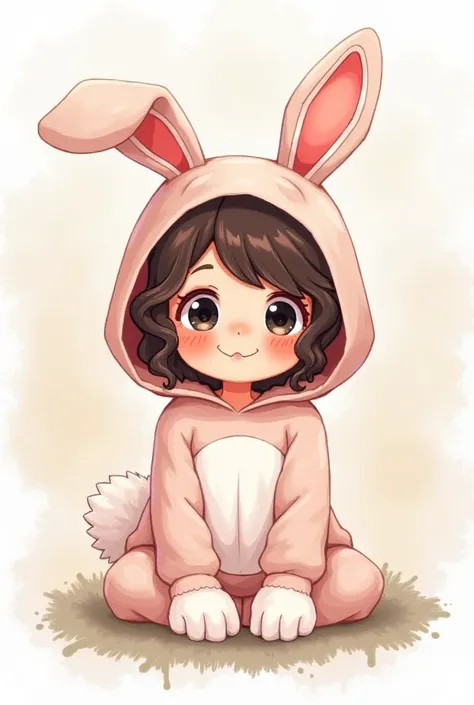 Create for me a  dressed as a cute cartoon bunny this  is  she has curly hair and black eyes, I want her with light and delicate watercolor colors ... She's Sitting and Happy 