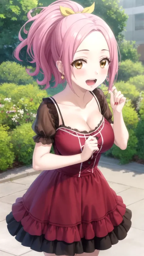 Masterpieces, Best Quality, girl, looking at viewer, maria sarushima, short hair, (brown eyes:1.3), pink hair, ponytail, ribbon, hair ribbon, large breasts, princess connect Re:Dive cosplay, princess Dress, standing, smile, open mouth, outdoors 