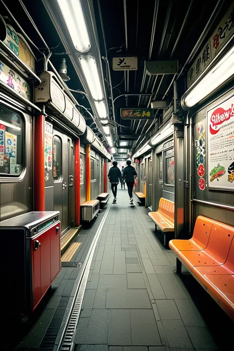 Typical Tokyo alley with clubs and a subway line passing at the end, jovens skaters,trick