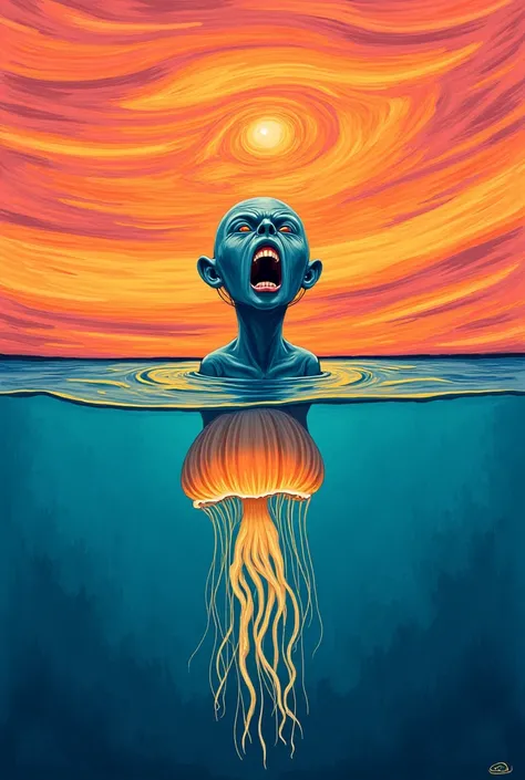 I want an image with the following details 1. That it has the sky of the work of art “the scream” 2 .  It has to have the sea and in this one a jellyfish all this I want to be in a cartoon or cartoon 