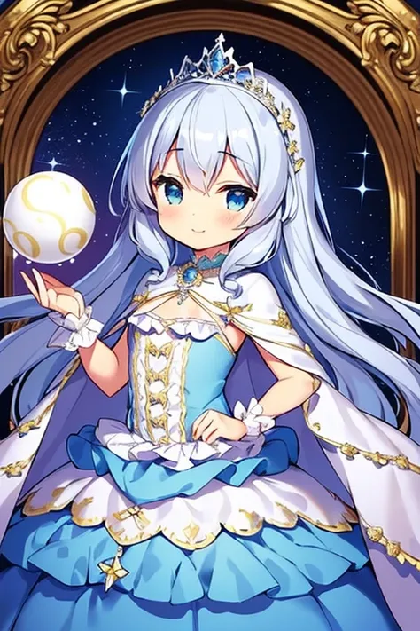 (solo), focus on character, kawaii, masterpiece, best quality, ultra detailed face, (rococo style gown), (long train pastel blue cape:1.15), (long train white ball gown:1.1), wide flared skirt, gown with flower decorations, (a girl is wearing a long cape o...