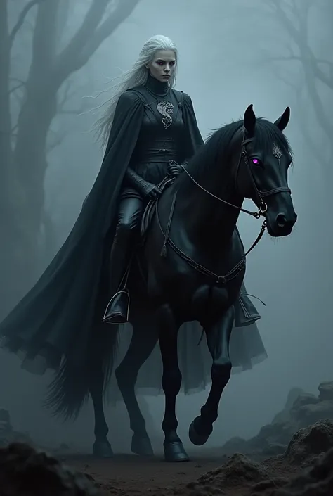 A shapeless person with long silver hair and purple eyes wearing black leather robes printed with the logo of the Targaryen family riding on a black horse 