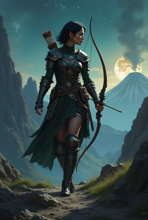 A beautiful female, perfect slim body, wearing a medieval leather archer armor. She has black short hair turned to the side and green eyes. Walking on jagged mountain routs, medieval theme, on the background there is a volcano, stars and moon, universe is ...