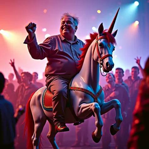 6men, (masterpiece, 8k, best quality:1.5), Album cover shoot, photorealistic, hyper detailed, cinematic, arri alexa 65, film look, cinema lens, a rave with an overweight older man dressed as a raver riding a rainbow Unicorn showing the rock fist like he be...