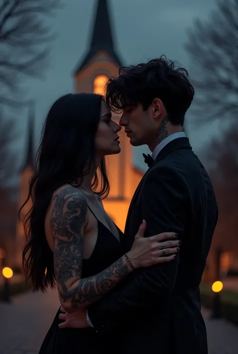 meeting accidentally infront of a church at night with all of their friends, the girl has black hair a tanned with 9 tattoos and the guy is a bit lighter than the girl he has black hair and dressed in black 