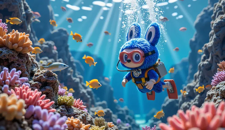 "Labubu with blue Benhur fur is diving deep underwater, equipped with a diving mask, oxygen tank, and flippers. The character swims gracefully through the vibrant ocean, surrounded by a mesmerizing array of marine life.

Colorful fish of various sizes swim...