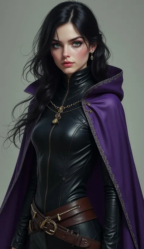 1gurl, piercing emerald-green eyes and raven-black hair, small practical braid on the side, her attire combines practicality and mysticism, featuring a long dark violet cloak adorned with silver embroidery. Beneath the cloak she wears a fitted leather outf...