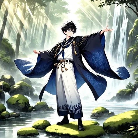 (masterpiece, best quality), 
1boy   ,Shinkai Nagi,full body,black short hair,blue eyes,haori with white to midnight blue gradient, wide kimono sleeves, gold seigaiha wave pattern near sleeve cuffs, furisode-style sleeves, sailor uniform, 
(navy jogger pan...