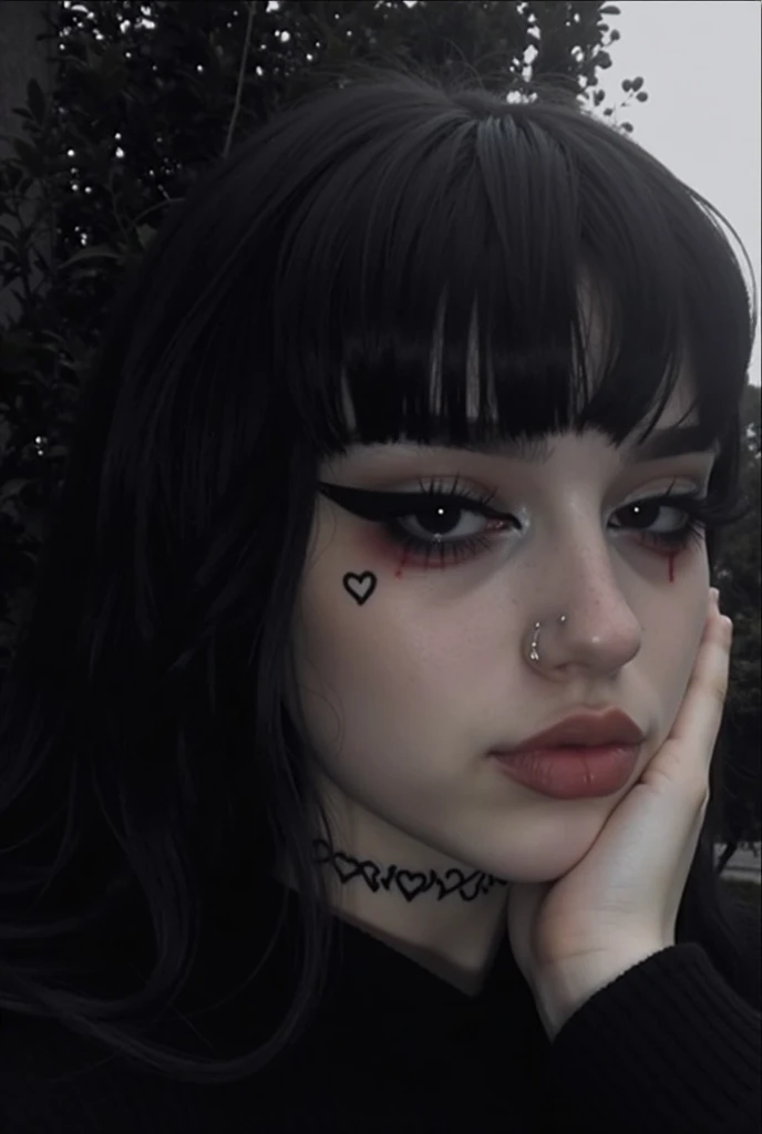 a close up of a person with a black hair and a heart tattoo on her face, goth girl aesthetic, goth aesthetic, 1 7 - year - old goth girl, darkwave goth aesthetic, goth girl, gothic girl face, pale goth beauty, dark aesthetic, goth makeup, black hair and la...