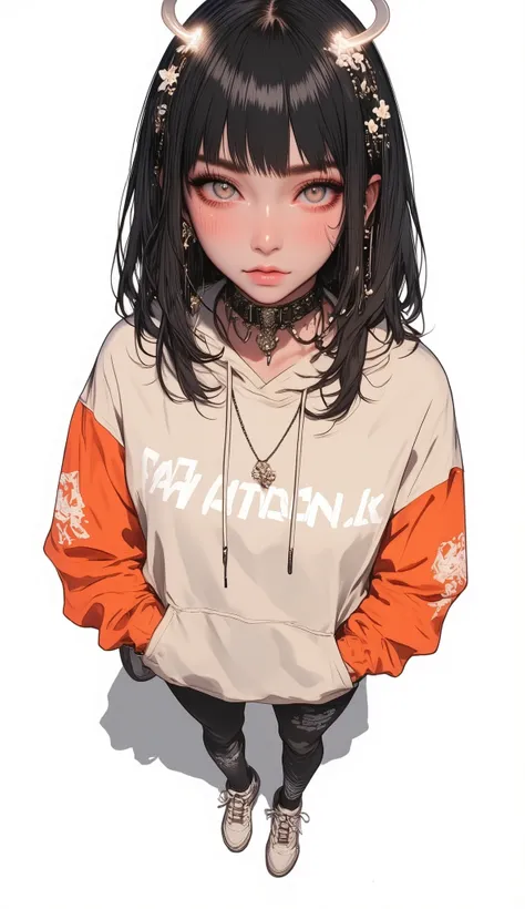 Fisheye Wide Angle  ,  Off-white and Orange Hoodie  , Fisheye Wide Angle  １ of Mori Gutterpunk women  , Glowing Angel Ring 、 bangs with lots of flowers 、 wearing leggings and trainers 、 with white lettering put your hands in your pocket 、The expression and...