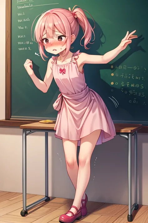 (ultra-detailed, best quality, anatomically perfect body), (full body:1.2), (pink dress), (standing behind speech table:1.4), (in front of blackboard:1.2), (making a speech:1.2),(crossed leg:1.3),(hand between legs:1.3), (have to pee:1.1),(urge to pee:1.3)...