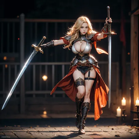 ((Full body top :1.8))、((blurry background:1.5))、 female 1 person、solo、 beautiful woman、 blond hair、 straight long hair、 slender woman with both breasts、(Sword in hand、dynamic pose:1.8)、(Showcasing cleavage、 breastplate:1.5)、 Wind Fluttering Cloak、 plate m...