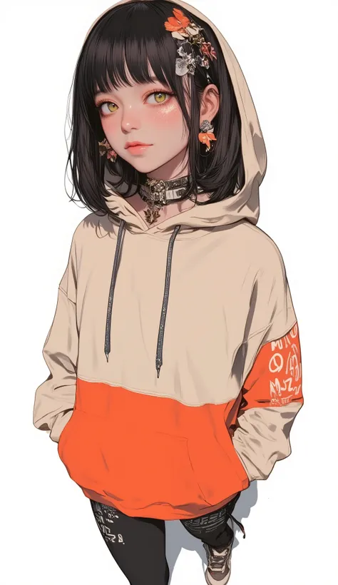 Fisheye Wide Angle  ,  off-white and orange hoodie  , Fisheye Wide Angle  １ of Mori Gutterpunk women  , Glowing Angel Ring 、 bangs with lots of flowers 、 wearing leggings and trainers 、 with white lettering put your hands in your pocket 、The expression and...