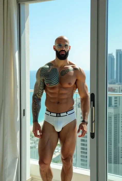 A handsome Arab man, high,  well-defined muscles ,  sculptural body ,  detailed blue eyes,  thick muscular thighs , bald, wearing prescription glasses on her face , Wearing white cotton briefs with drawn bulge, meias de algodão brancas de cano high, He is ...