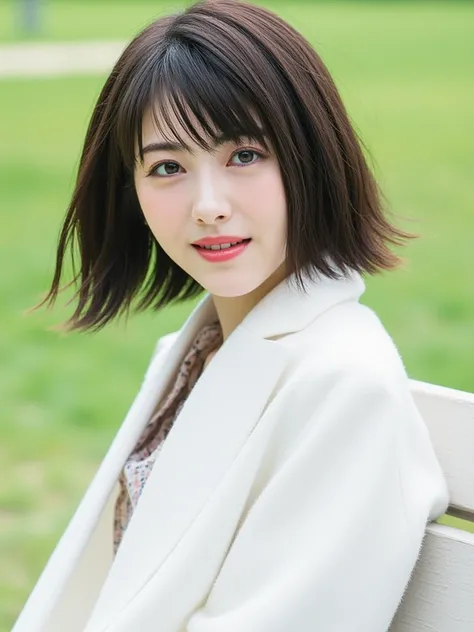 The image is、 is a portrait of a young woman named Hamabe with half-long dark brown hair and bangs sitting on a park bench。.  She was wearing a white coat .  The woman is staring at the camera ,  is sitting on a park bench.  background is blurry , but、 It ...