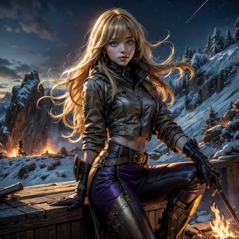 yangxiaolong, yang xiao long, smiling, long hair, blonde hair, (purple eyes:1.3), ahoge, bangs, BREAK wearing a white ski jacket with gold trim, white ski pants, mechanical arms, single mechanical arm, prosthesis, prosthetic arm, BREAK post apocalyptic sce...