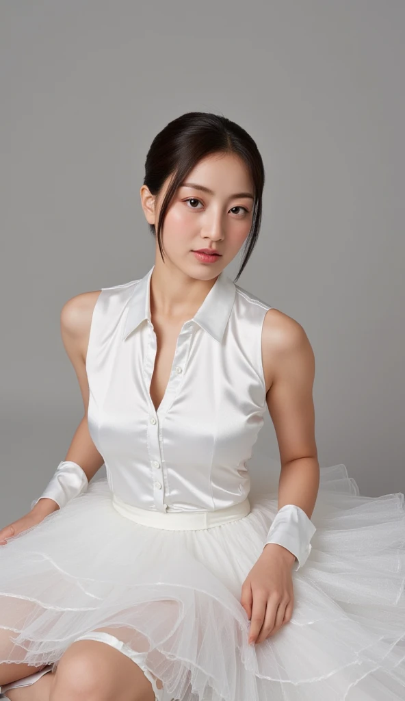  A woman,  sitting on a table ,  Facing front, use a sleeveless shirt in satin material of white color, using a long skirt of a white tutu model