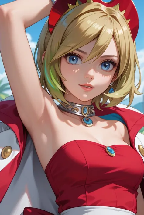   source  _animated,
 pokemonirida ,  pokemonirida ,  Blond hair, blue eyes, pelo entre los ojos,  medium hair,
bracelet, has, jeweler&#39;s, neck ring , red headdress, red shirt, Wad of bills, shirt, Bermuda, strapless, strapless shirt, waist coat, white ...