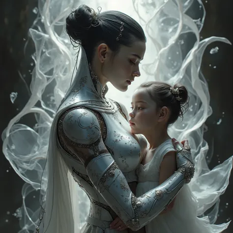  Breathtaking image of an exquisitely designed futuristic and graceful female warrior holding a human girl, Metal exoskeleton.  Her armor shines silver ,  features detailed floral patterns and smooth surfaces ,  that emphasizes feminine curves 、 exudes str...