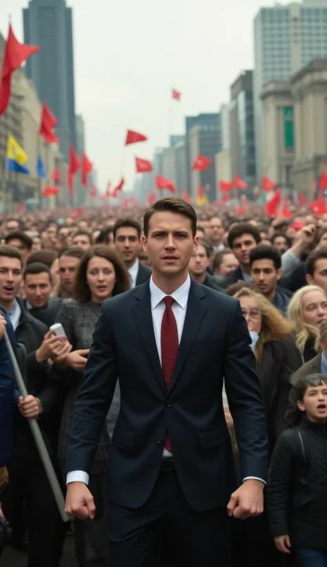 Scene focused on a young man in a suit with a look of revolt in the middle of the crowd ,style live action