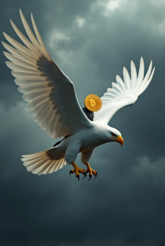 Crée moi un aigle tout blanc en plain vol réaliste avec un bonhomme sur son dos dont le visage en une monnaie bitcoin avec un fond d’écran nuageux ténébreux