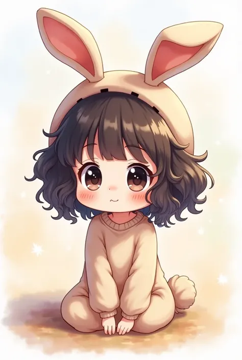 Create for me a  dressed as a cute bunny ,  cartoon style ,  this  is  her hair is curly looking like dark springs and black eyes, I want her with light and delicate watercolor colors ... She's Sitting and Happy 