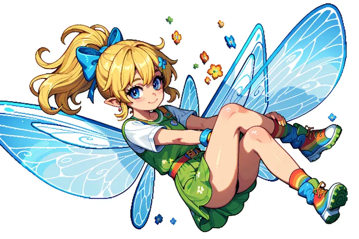 White background, whole body, masterpiece, highest quality, pixel art,
Fairy with a blonde ponytail. It flies with large transparent wings that shine in rainbow colors.