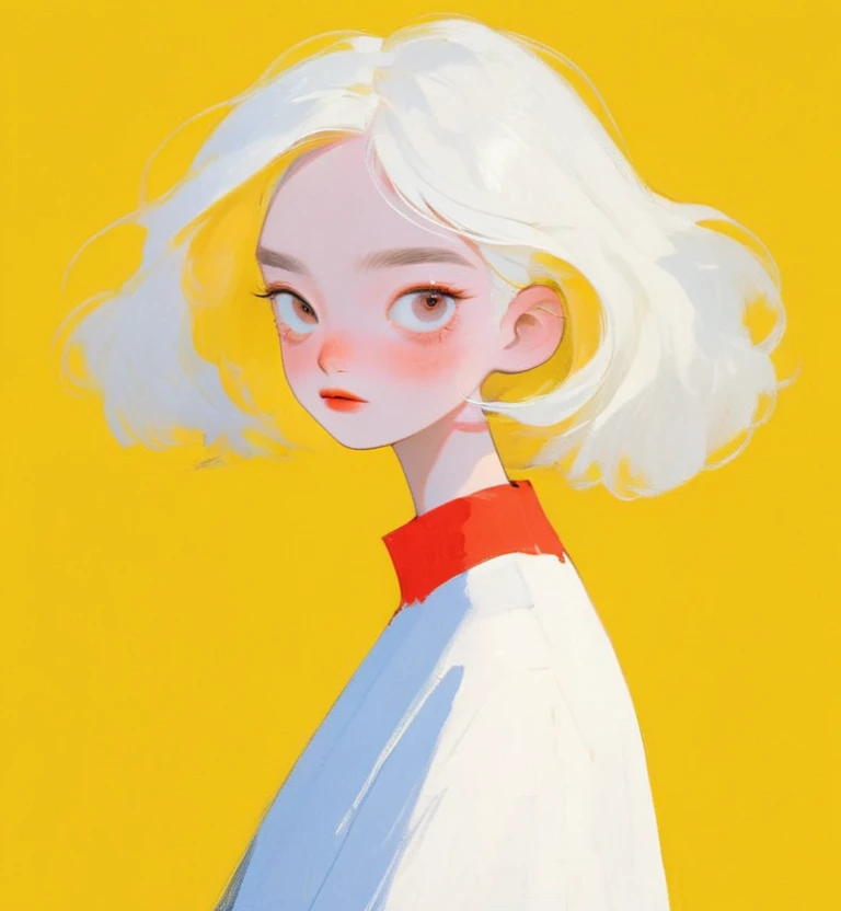 1 girl, handsome, float short white hair, yellow eyes, Maira_Kalman, strong eye make up, T-shirt, from_side, analogfilm, vivid red color background, not cut head and hair off from the frame,