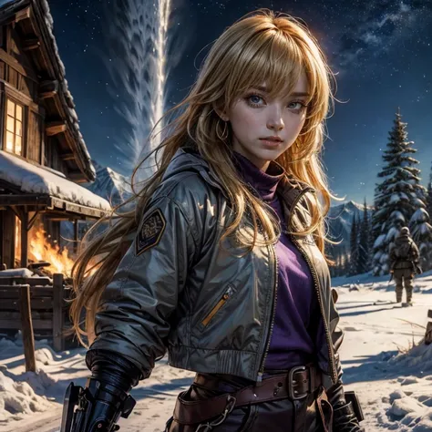 yangxiaolong, yang xiao long, smiling, long hair, blonde hair, (purple eyes:1.3), ahoge, bangs, BREAK wearing a white ski jacket with gold trim, white ski pants, mechanical arms, single mechanical arm, prosthesis, prosthetic arm, BREAK post apocalyptic sce...