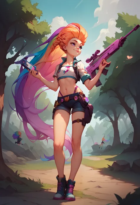 absurdres,  highres, ultra detailed, zoe, holding a rainbow-colored futuristic rifle in your hands, rainbow colored hair, a holster around the thigh ,  outdoor, A gram, trees, underneath, head turned to the side, 