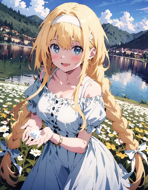 Alicesburg,  Alice Sberg , Alone,bangs,  blue eyes,   blond hair,  smile,blush, open your mouth, hair between eyes, Very long braids,  single braided , headband, white  headband,yellow off-the-shoulder dress,Medium breast, white long skirt, cute heeled san...