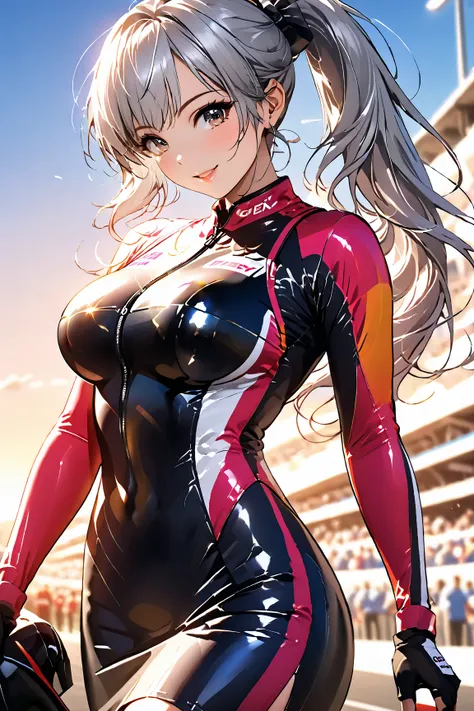  1 woman、 big breasts、 Silver Hair Ponytail 、 a beautiful and sexy race queen 、 confident next to a high-performance racing bike 々They pose for 。 She is wearing a shiny tight racing suit that emphasizes her body line、 The open chest design and miniskirt ar...