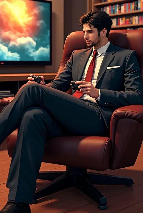 In an elegant Yakuza outfit sitting in a gaming chair with a PlayStation controller and in the back screen with an anime screen and a manga library 