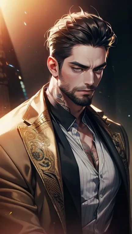 (       High quality. ,4K,8k,       highres,       masterpiece :1.2),       ultra-detailed    ,(realistic,photorealistic,photo-realistic:1.37),36-year-old man,10-day beard,Beautiful anime,Portraits,strong,Masculine,   with dark gray hair  ,sharp jaw,      ...