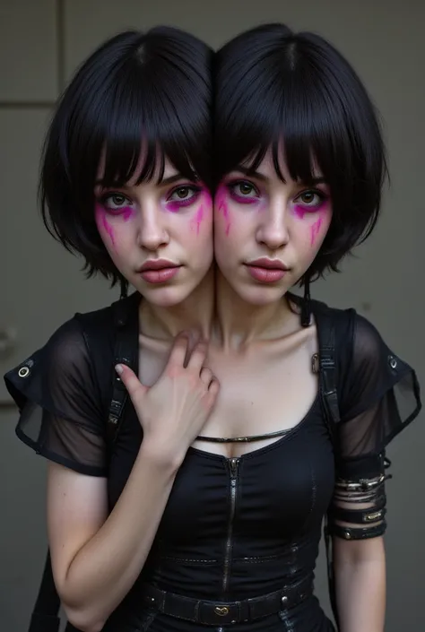 2heads, two headed woman, age 24, pale skin, short black hair with magenta streaks in front, punk rock fashion,