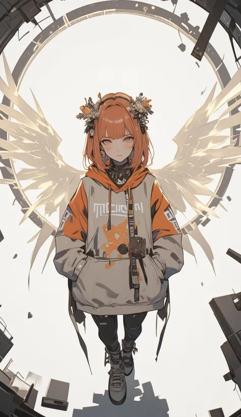 Fisheye Wide Angle  ,  off-white and orange hoodie  , Fisheye Wide Angle  １ of Mori Gutterpunk women  , A giant circle of glowing marble angels、 bangs with lots of flowers 、 wearing leggings and trainers 、 with white lettering put your hands in your pocket...